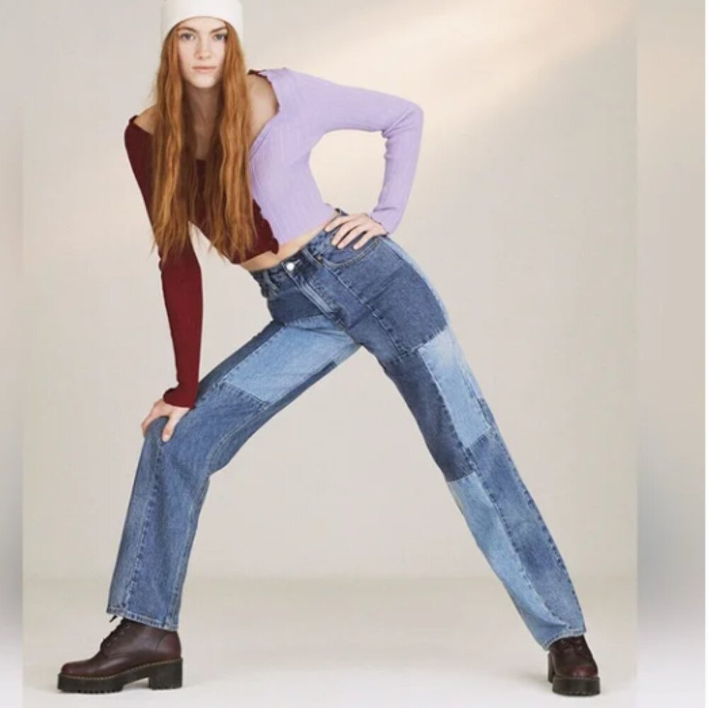 Pacsun Eco Patchwork Jeans Women Girls 23 Blue 90s Boyfriend High Waist Straight